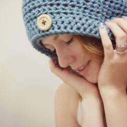 Slouchy Beanie Crochet Blue with Button